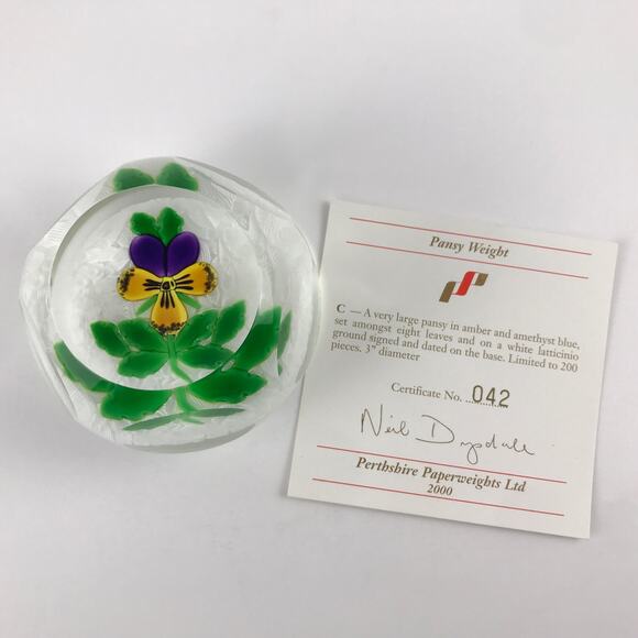 Perthshire 2000C Large Pansy Lampwork Flower Faceted Lace Ground Paperweight COA - Picture 2 of 16